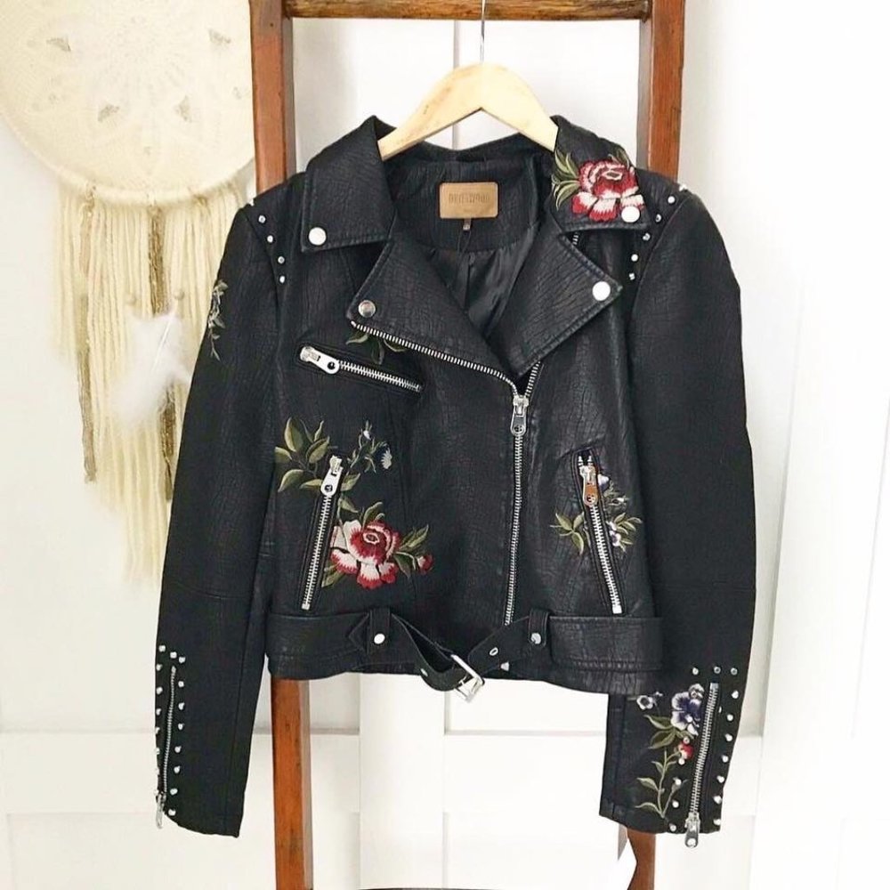 Boho Embroidered Vegan Leather Moto Jacket